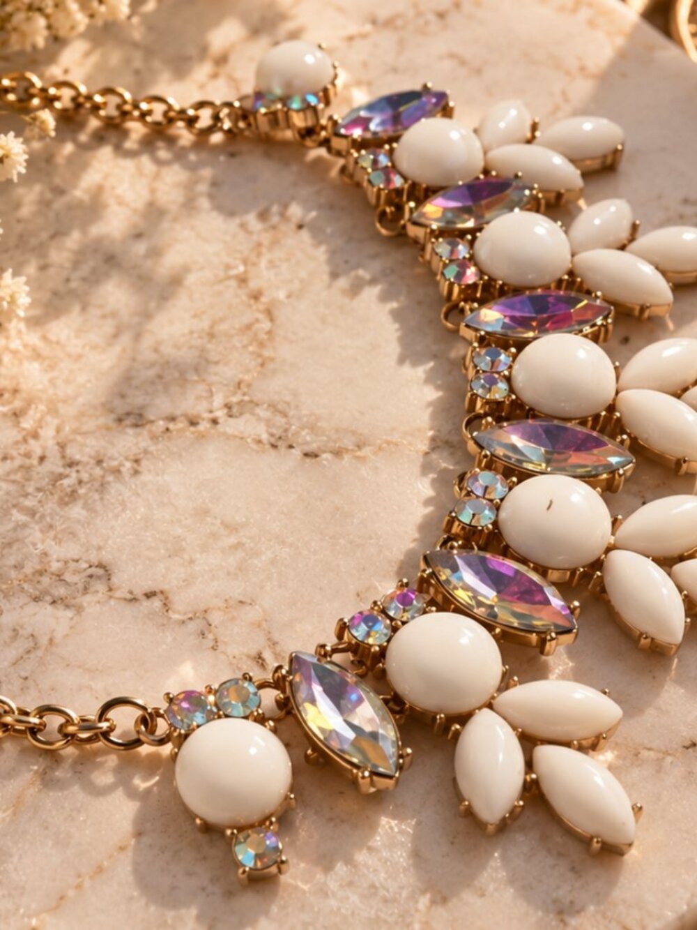 Gold-Tone Statement Collar Necklace with White Cabochons & Iridescent Rhinestone